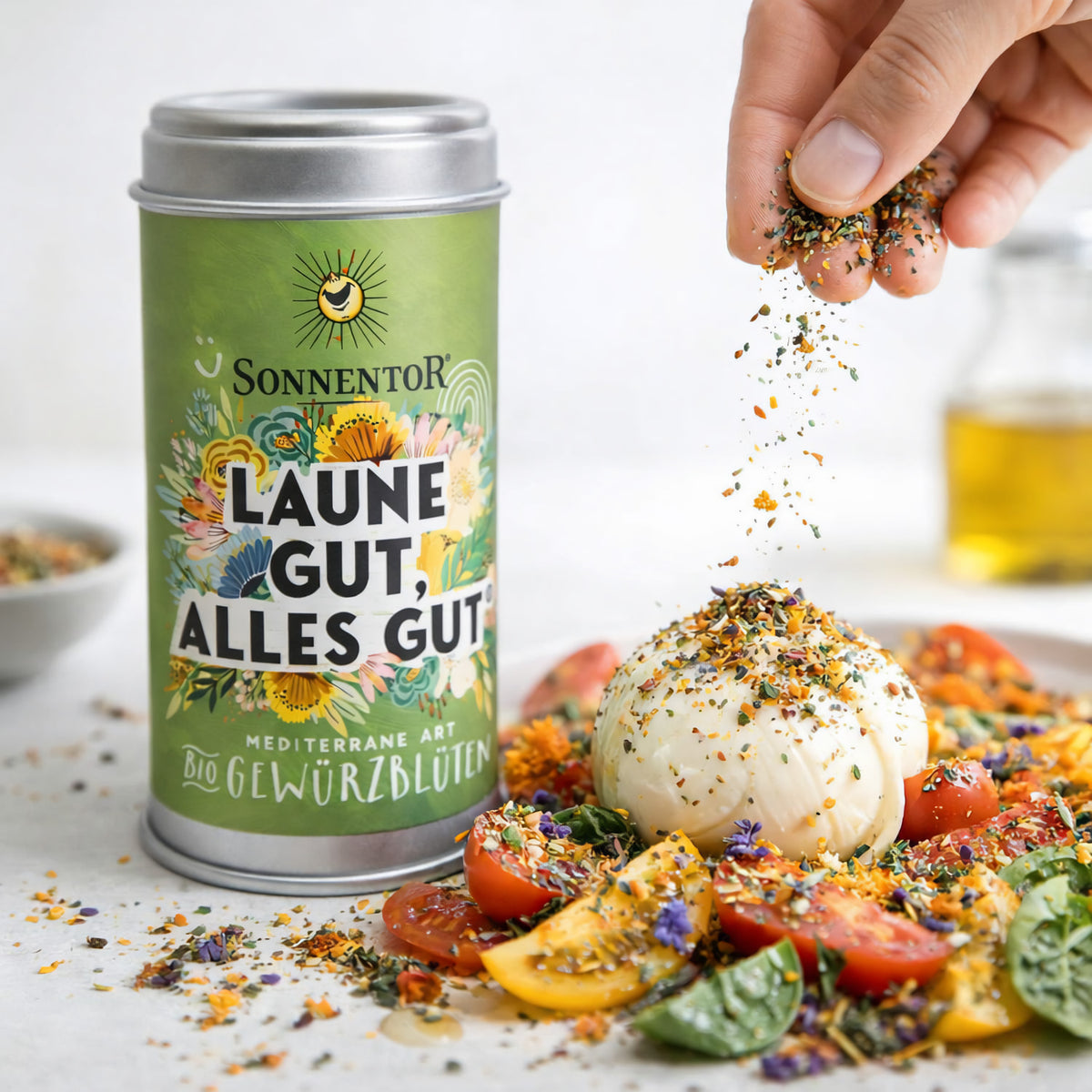 Sonnentor Laune gut, alles gut Streudose mit 25g Gewürzen für Geschmack und Aroma in der Küche, in dekorativer Dose.