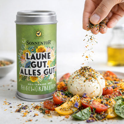 Sonnentor Laune gut, alles gut Streudose mit 25g Gewürzen für Geschmack und Aroma in der Küche, in dekorativer Dose.