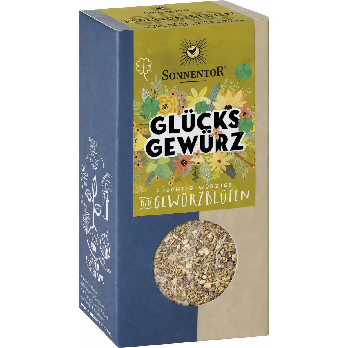 Bio Glücks Gewürz-Blüten von Sonnentor, zum Kochen, in einer 35g Dose, mit bunten getrockneten Blüten für aromatische Gerichte