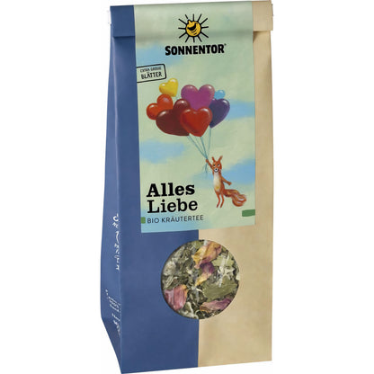Sonnentor Bio Kräutertee "Alles Liebe" lose, 50g, mit frischen Kräutern in einer transparenten Verpackung sichtbar