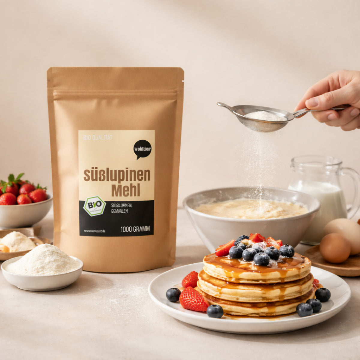 Bio Süßlupinenmehl von Wohltuer, zum Backen, in einer 1000g Packung, zeigt das Mehl in einer offenen Packung mit Lupinen.