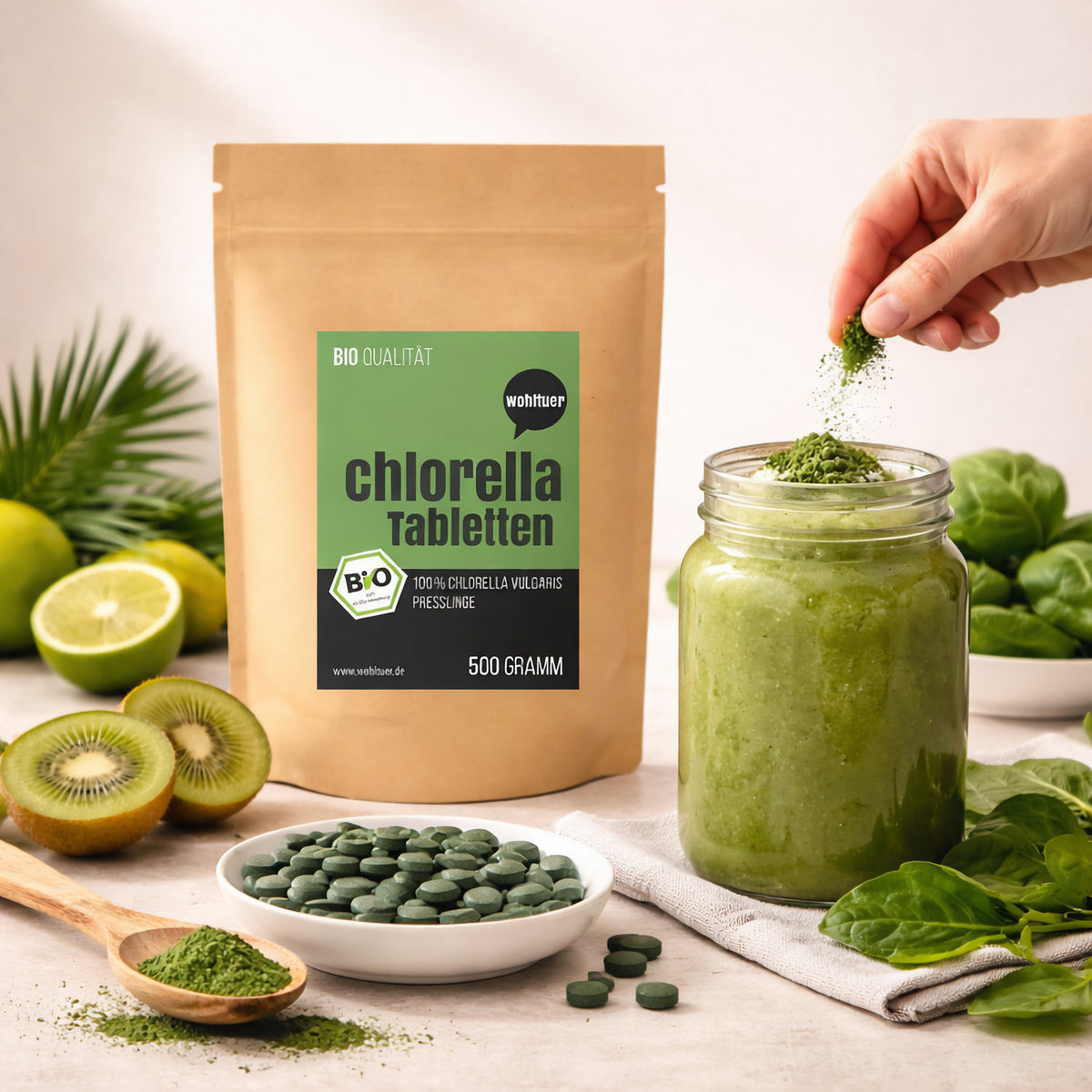 Wohltuer Bio Chlorella Tabletten in grüner Verpackung, Vitamin- und Mineralstoffquelle, für natürliche Vitalität und Gesundheit