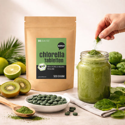 Wohltuer Bio Chlorella Tabletten in grüner Verpackung, Vitamin- und Mineralstoffquelle, für natürliche Vitalität und Gesundheit