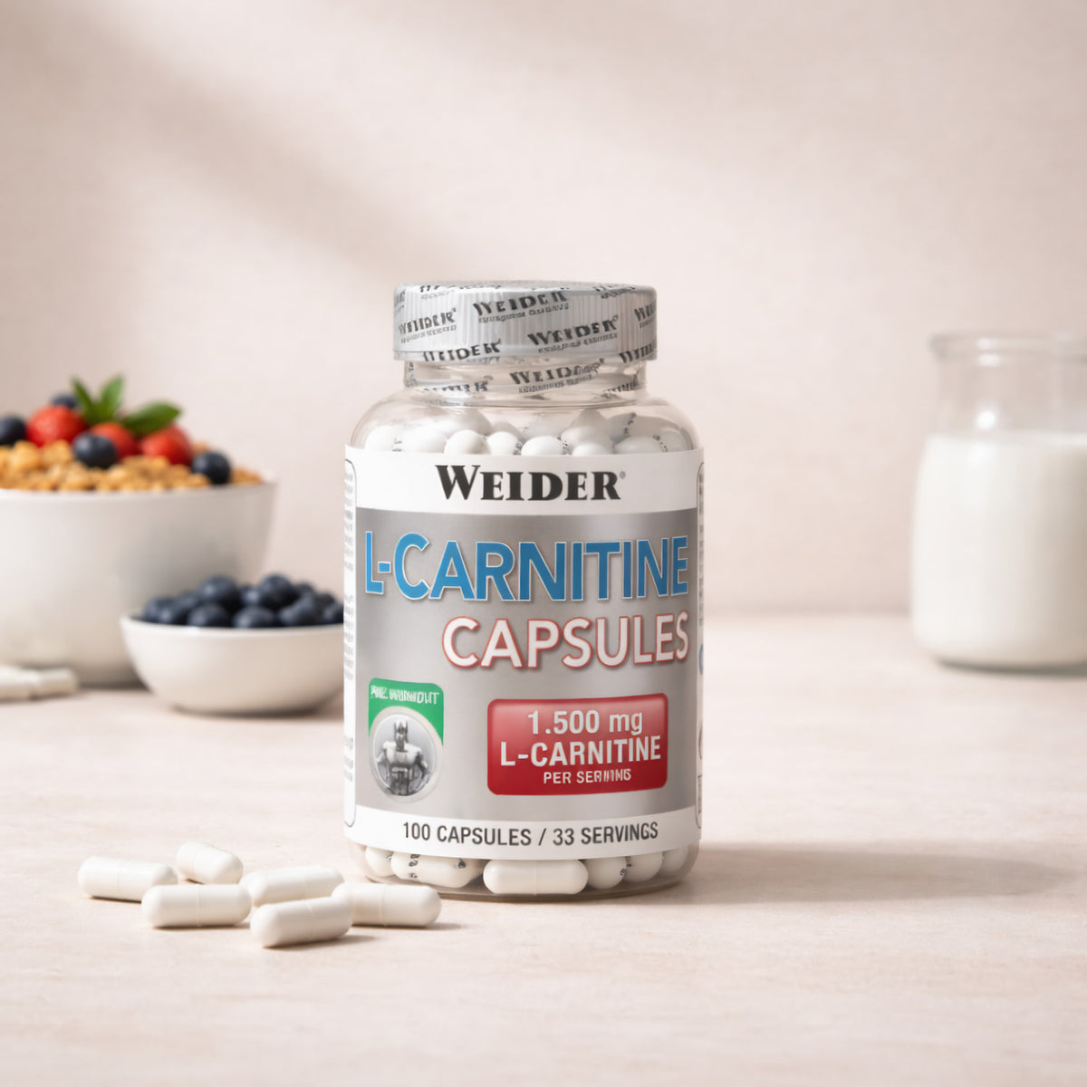 Weider BodyShaper L-Carnitin Kapseln, 100 Stück, Nahrungsergänzungsmittel zur Unterstützung beim Fettabbau und Energieboost.
