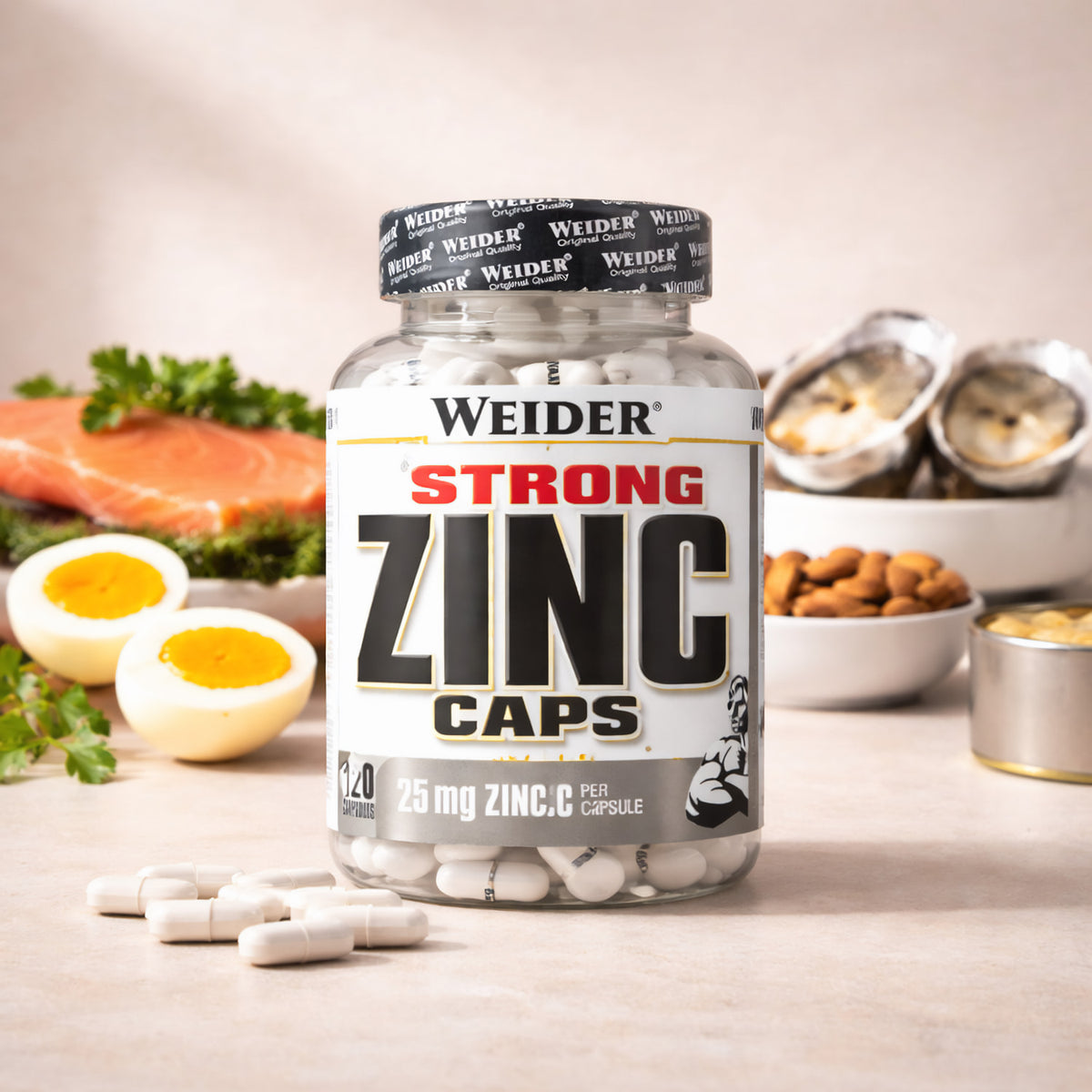 Weider Zinc Strong Vitamin- und Mineralstoffpräparat in 120 Kapseln, Nahaufnahme der Verpackung.