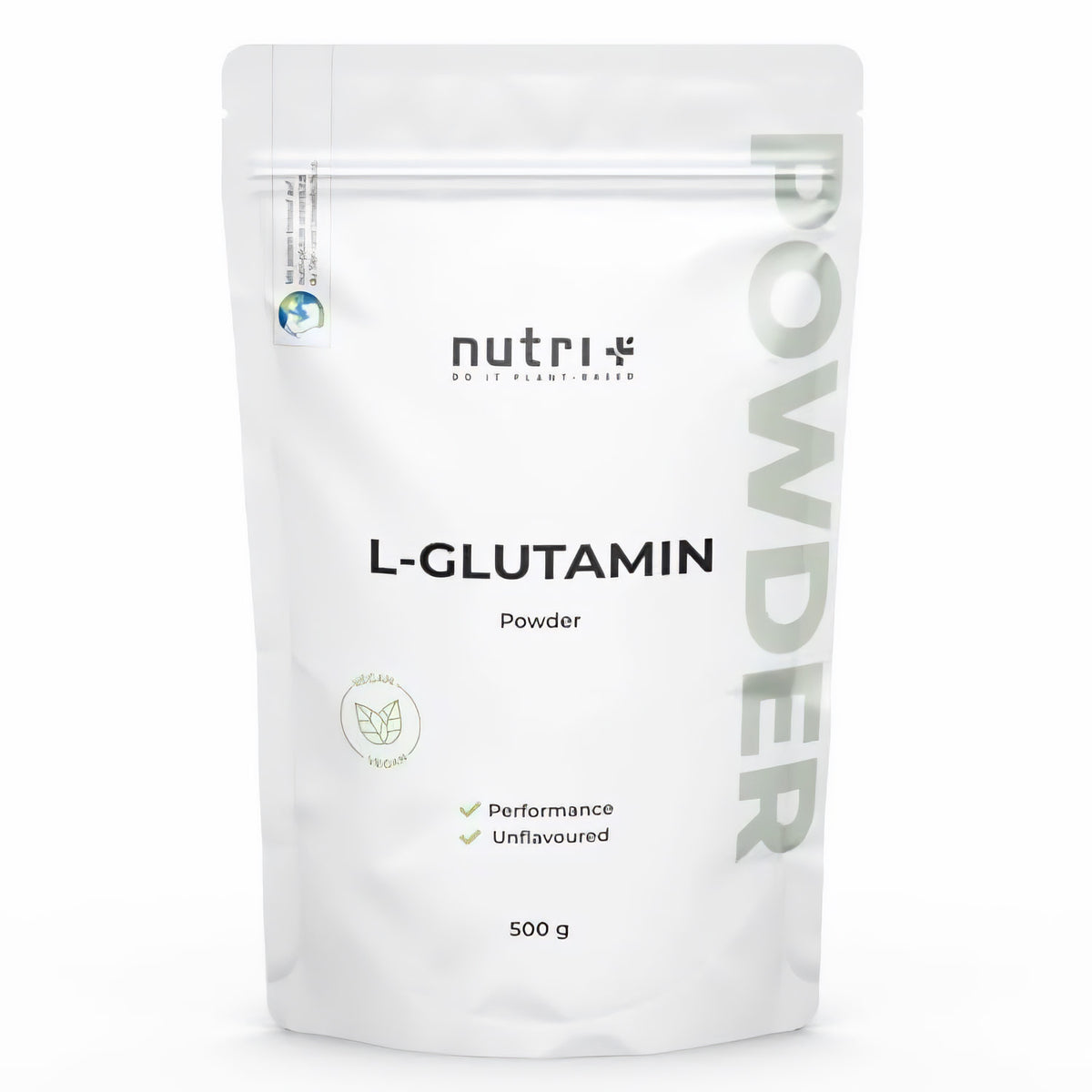 Standbeutel Nutri+ L-Glutamin Pulver vegan neutral mit 500g Inhalt, Vorderseite mit Produktinfos und veganem Symbol.