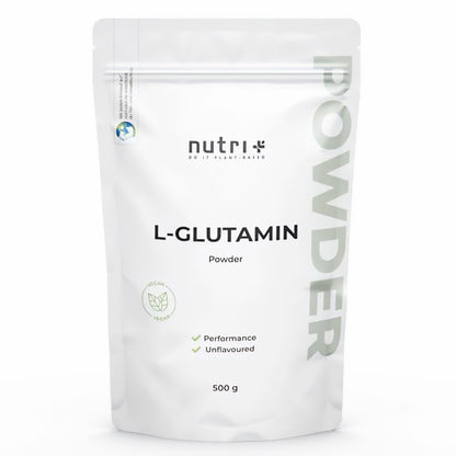 Standbeutel Nutri+ L-Glutamin Pulver vegan neutral mit 500g Inhalt, Vorderseite mit Produktinfos und veganem Symbol.