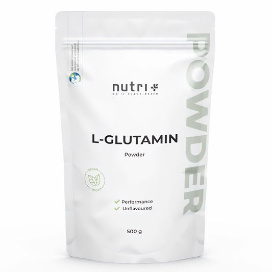 Standbeutel Nutri+ L-Glutamin Pulver vegan neutral mit 500g Inhalt, Vorderseite mit Produktinfos und veganem Symbol.