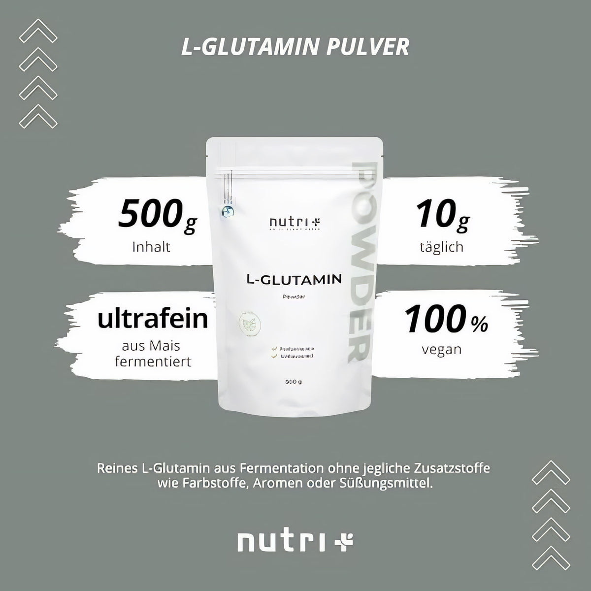 Nutri+ Glutamin Pulver 500g Beutel mittig vor grauem Hintergrund, umgeben von Infos zu Inhalt, Dosierung, Herkunft und veganem Hinweis.