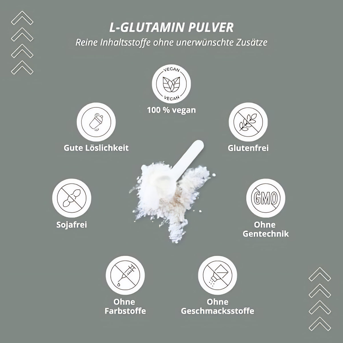 Pulver und Messlöffel Nutri+ Glutamin Pulver vegan neutral, umgeben von Symbolen für Löslichkeit, glutenfrei, sojafrei und ohne Zusatzstoffe.