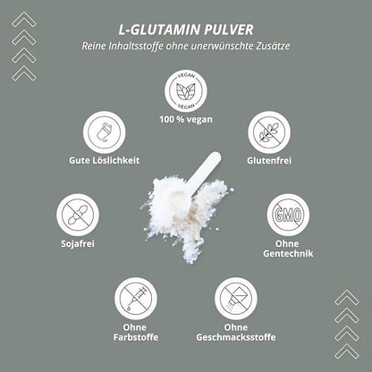 Pulver und Messlöffel Nutri+ Glutamin Pulver vegan neutral, umgeben von Symbolen für Löslichkeit, glutenfrei, sojafrei und ohne Zusatzstoffe.