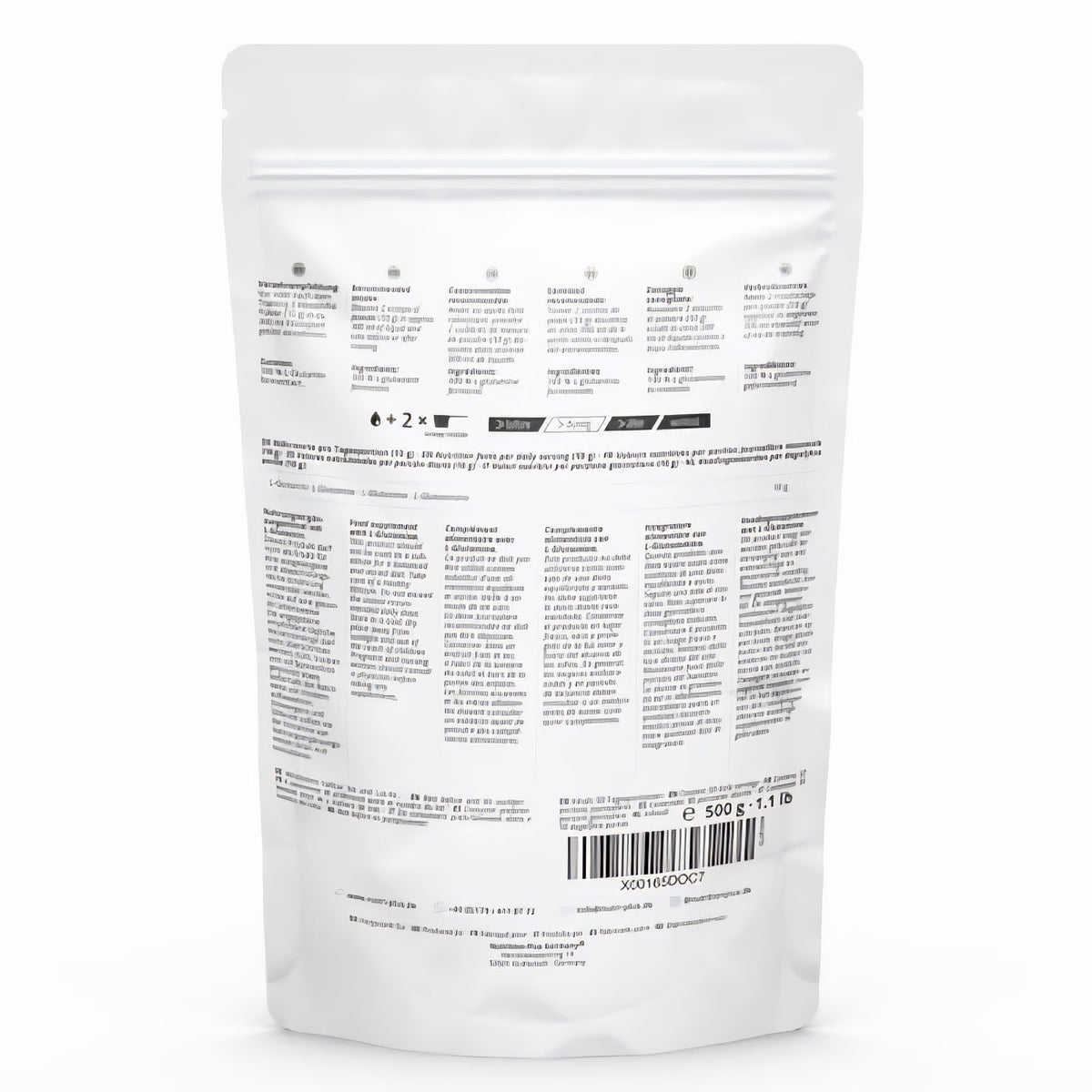 Rückseite des Nutri+ Glutamin Pulver 500g Standbeutels mit mehrsprachigen Informationen, Nährwertangaben und Barcode.