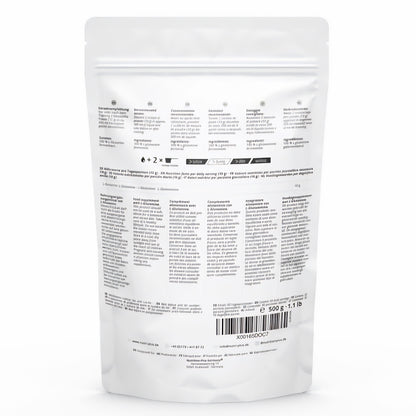 Rückseite des Nutri+ Glutamin Pulver 500g Standbeutels mit mehrsprachigen Informationen, Nährwertangaben und Barcode.