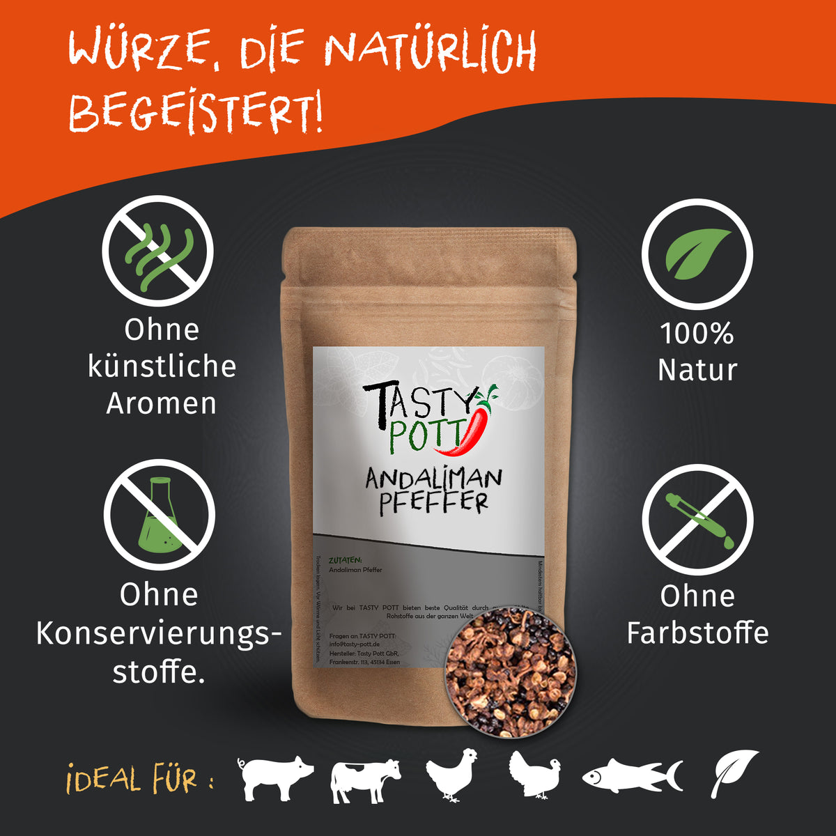 Tasty Pott Andaliman Pfeffer ganz im braunen Nachfüllbeutel, umgeben von Symbolen für natürliche Zutaten und ohne Zusatzstoffe.