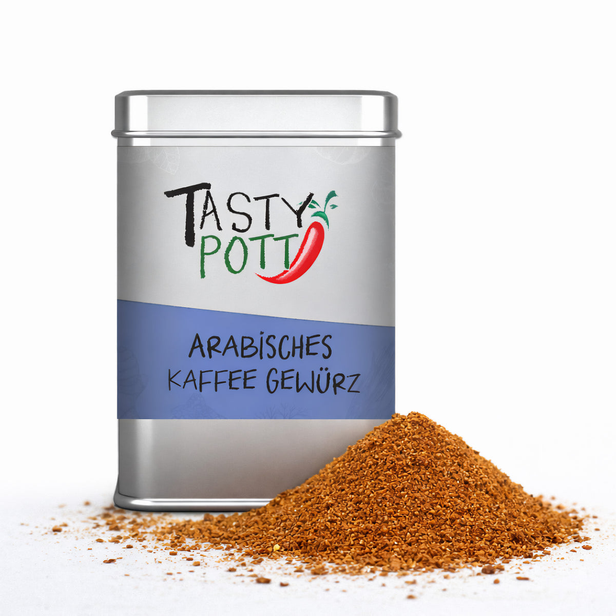 Tasty Pott Dose arabisches Kaffeegewürz mit braunem Gewürzhaufen im Vordergrund auf weißem Hintergrund.