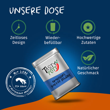 Schräg liegende Tasty Pott Dose arabisches Kaffeegewürz mit Icons zu Design, Wiederbefüllbarkeit und natürlichen Zutaten.