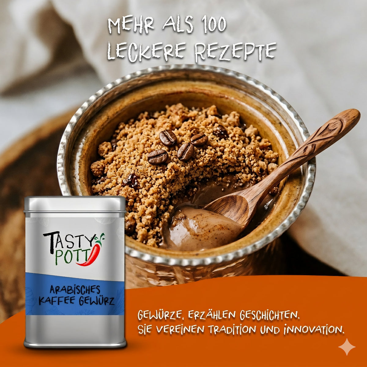 Tasty Pott Dose arabisches Kaffeegewürz vor einer Schale mit Dessert, bestreut mit Kaffeebohnen und Gewürzkrümeln.