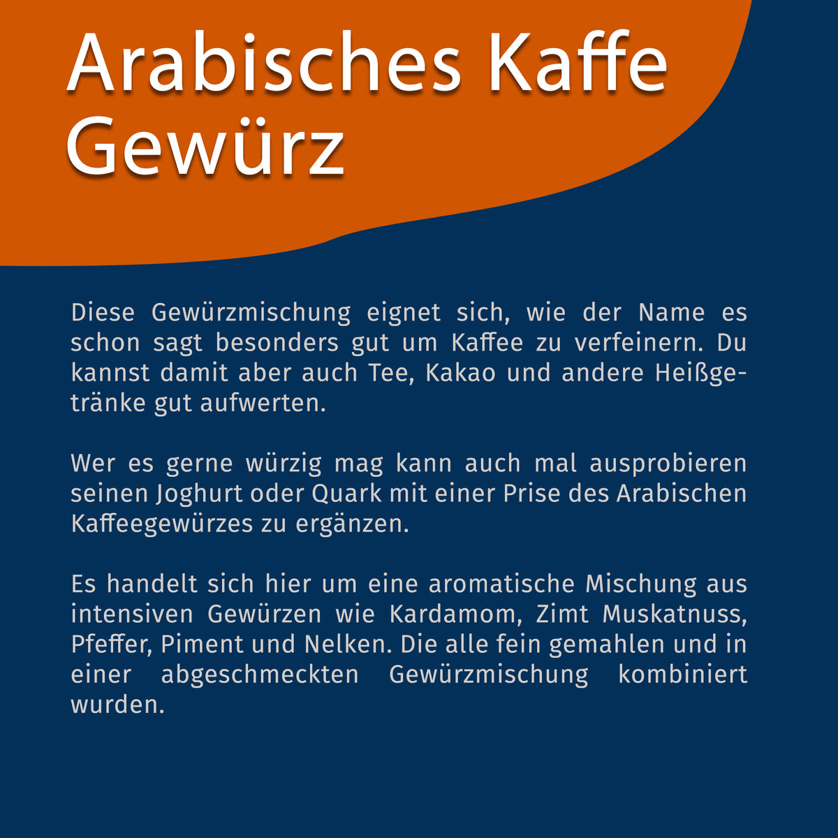 Infografik zu Tasty Pott arabisches Kaffeegewürz mit Beschreibung der Gewürzmischung und Anwendungsmöglichkeiten auf blauem Hintergrund.