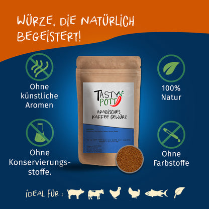 Tasty Pott arabisches Kaffeegewürz im braunen Beutel, umgeben von Icons zu natürlichen Zutaten und idealen Verwendungsarten.