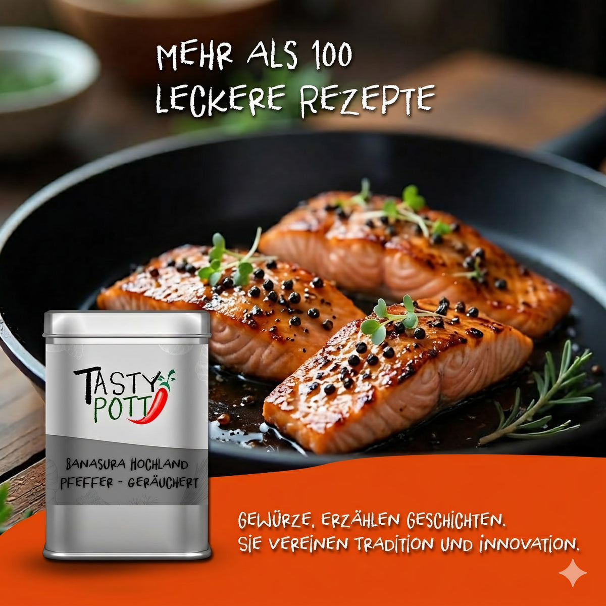 Tasty Pott Banasura Pfeffer Dose vor einer Pfanne mit gebratenem Lachsfilet, garniert mit Pfefferkörnern und Kräutern.