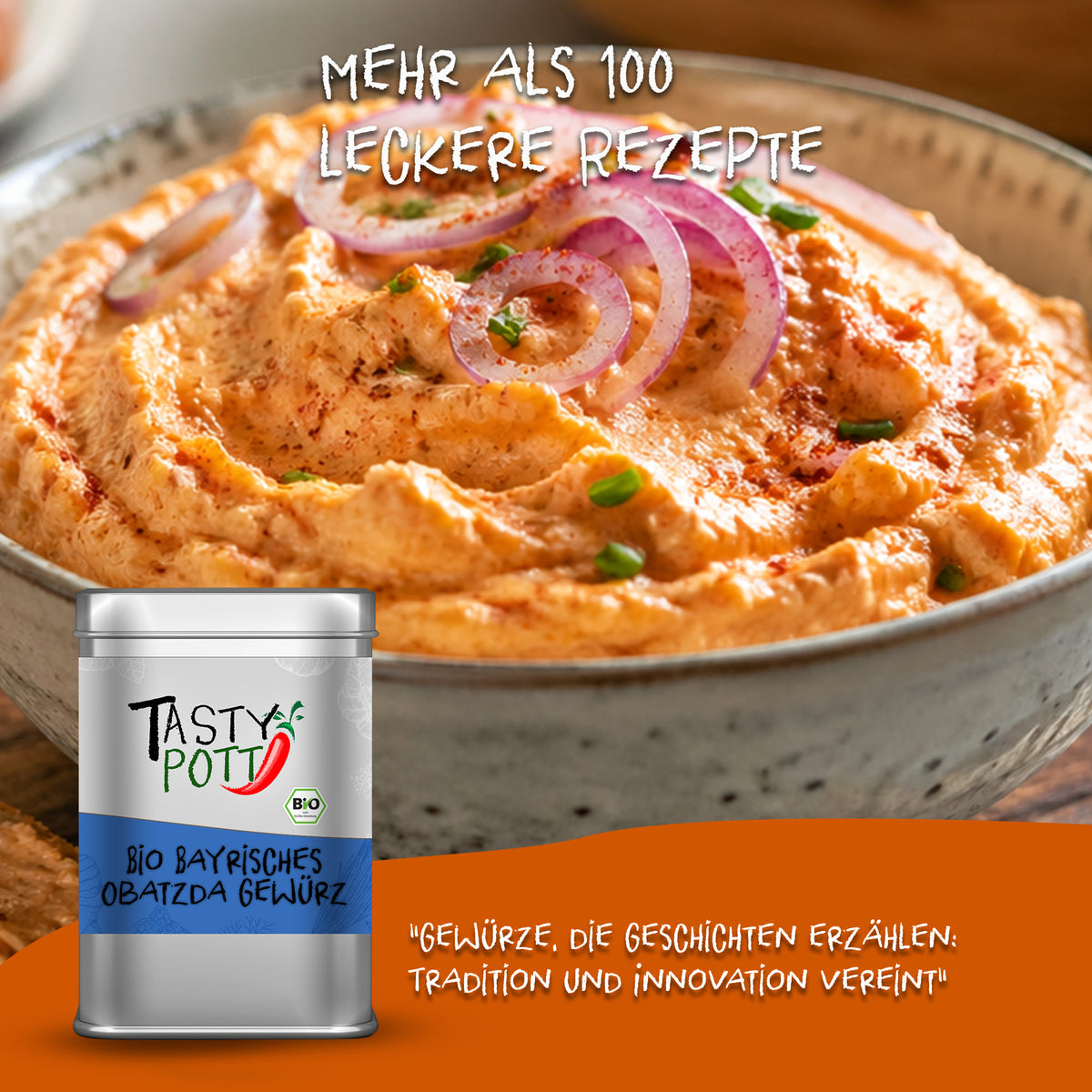 Schale mit cremigem Obatzda-Dip, garniert mit roten Zwiebeln und Kräutern, vorne eine Dose Tasty Pott Bio Bayrisches Obatzda Gewürz.