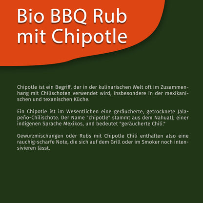 Infografik zu Tasty Pott Bio BBQ Rub mit Chipotle, Erklärung zu Chipotle-Chili und Verwendung in Gewürze und Saucen.