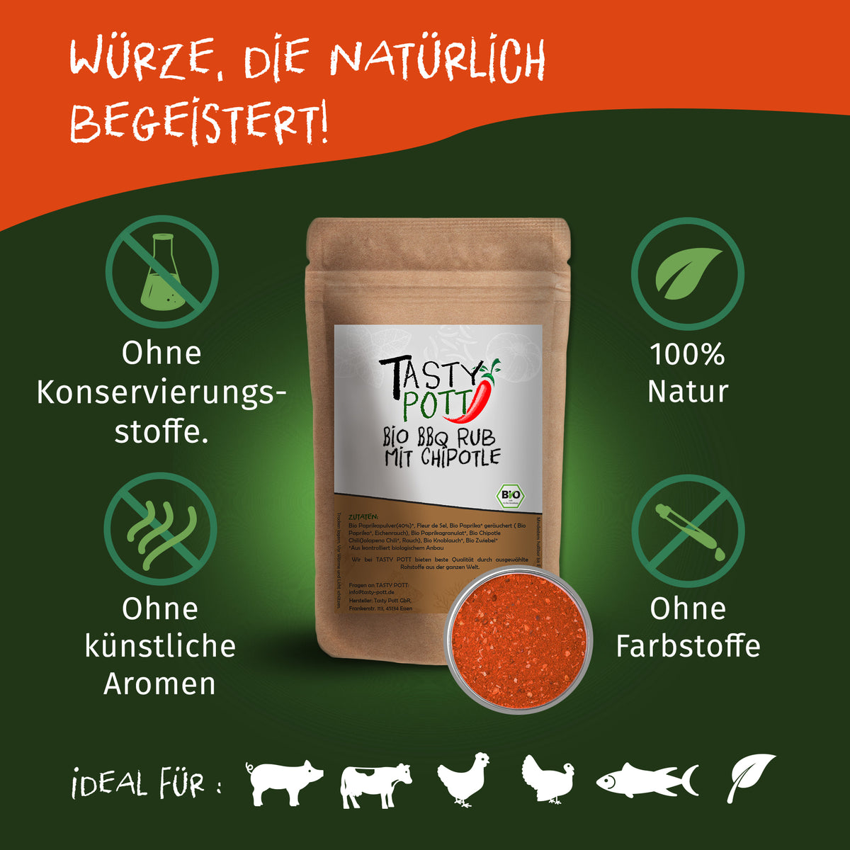 Tasty Pott Chipotle Grillgewürz Nachfüllbeutel auf grünem Hintergrund mit Symbolen für natürliche Zutaten und ohne Zusatzstoffe.
