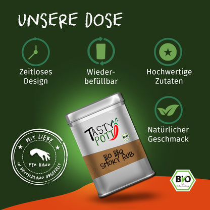Tasty Pott Bio Smoky BBQ Rub Grillgewürz in silberner Dose auf grünem Hintergrund, mit Symbolen für zeitloses Design, Wiederbefüllbarkeit und hochwertige Zutaten.