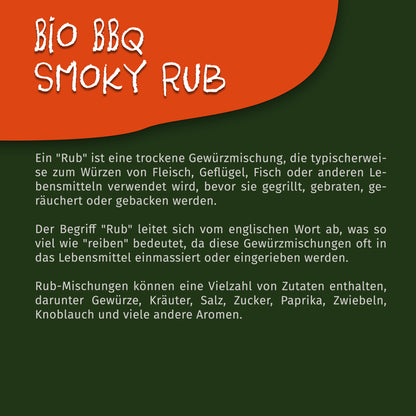Texttafel mit Beschreibung des Tasty Pott Bio Smoky BBQ Rub Grillgewürz, erklärt die Verwendung und Zusammensetzung von Rub-Gewürzmischungen.