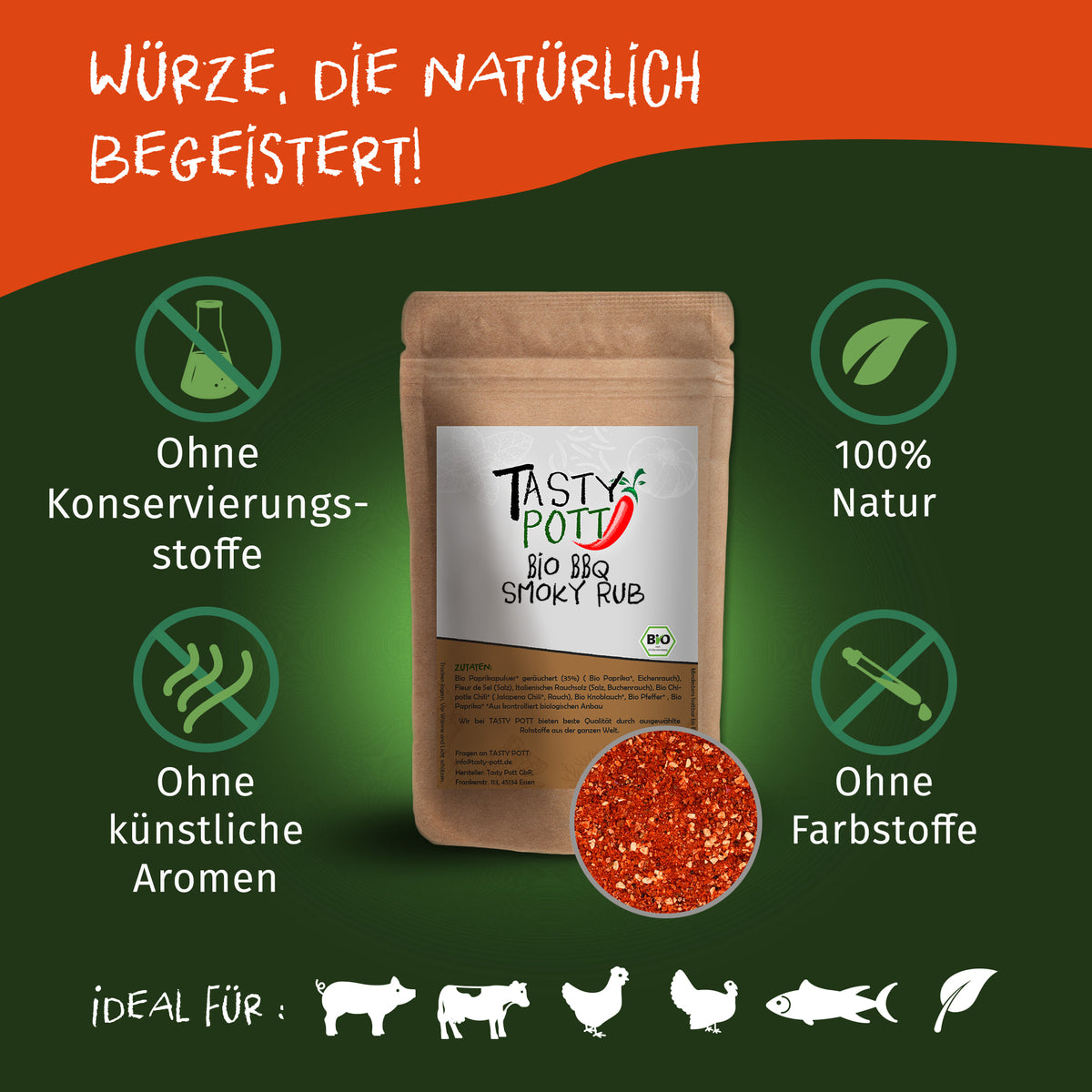 Tasty Pott Bio Smoky BBQ Rub Grillgewürz in braunem Beutel, umgeben von Icons für natürliche Zutaten, ohne Konservierungsstoffe, ohne Farbstoffe und ohne künstliche Aromen.
