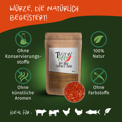 Tasty Pott Bio Smoky BBQ Rub Grillgewürz in braunem Beutel, umgeben von Icons für natürliche Zutaten, ohne Konservierungsstoffe, ohne Farbstoffe und ohne künstliche Aromen.