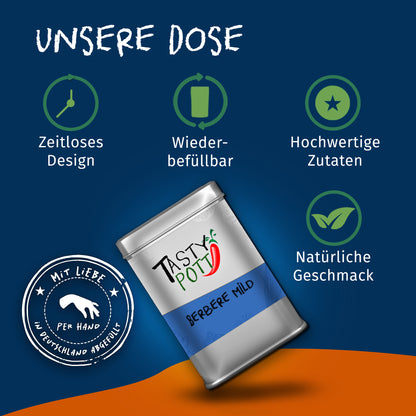 Tasty Pott Berbere mild Gewürzmischung in silberner Dose, daneben Symbole für zeitloses Design, Wiederbefüllbarkeit und natürliche Zutaten auf blauem Hintergrund.