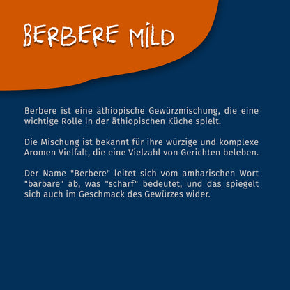 Texttafel mit Beschreibung der Tasty Pott Berbere mild äthiopischen Gewürzmischung auf blauem Hintergrund.
