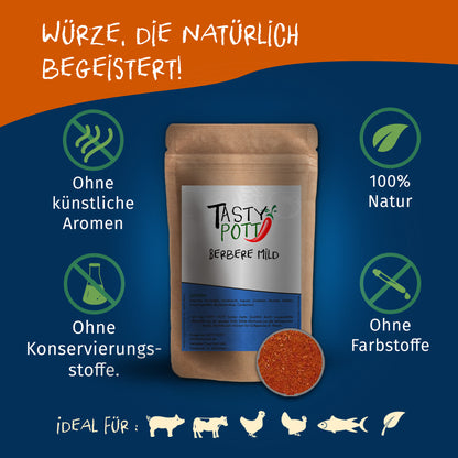 Tasty Pott Berbere mild Gewürzmischung in braunem Beutel, daneben eine kleine Schale mit dem roten Gewürz, umgeben von Symbolen für natürliche Zutaten.