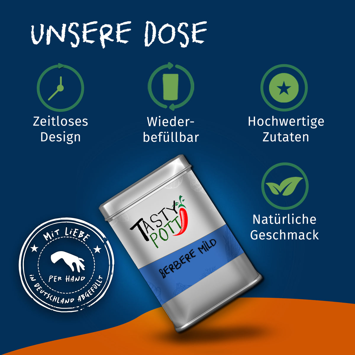 Tasty Pott Berbere mild Gewürzmischung in silberner Dose, schräg liegend auf blau-orangefarbenem Hintergrund mit Icons für Design und Qualität.