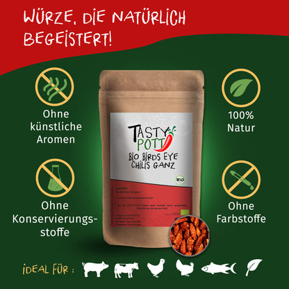 Tasty Pott Bio Birds Eye Chilis ganz im braunen Nachfüllbeutel, umgeben von Symbolen für natürliche Zutaten und ohne Zusatzstoffe.