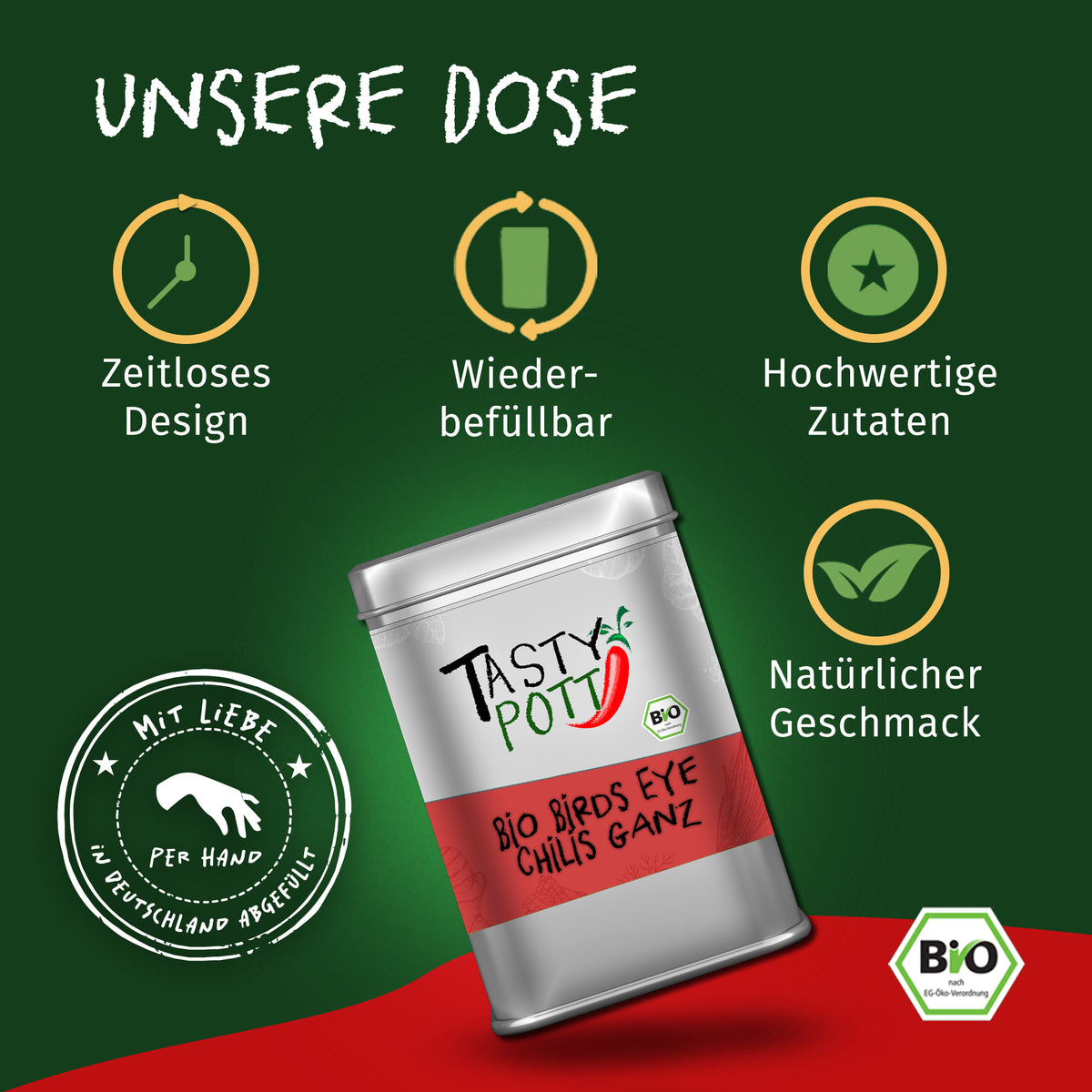 Silberne Tasty Pott Dose mit Bio Birds Eye Chilis ganz, getrocknet, vor grünem Hintergrund mit Icons für Design und Wiederbefüllbarkeit.