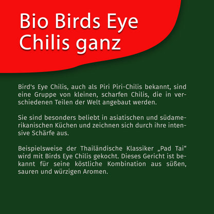 Infografik mit Text über birds eye chilis ganz von Tasty Pott, erklärt Herkunft und Verwendung der getrockneten chilis in verschiedenen Küchen.