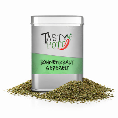 Tasty Pott Bohnenkraut getrocknet und gerebelt in silberner Dose, umgeben von zwei Haufen gerebeltem Bohnenkraut.