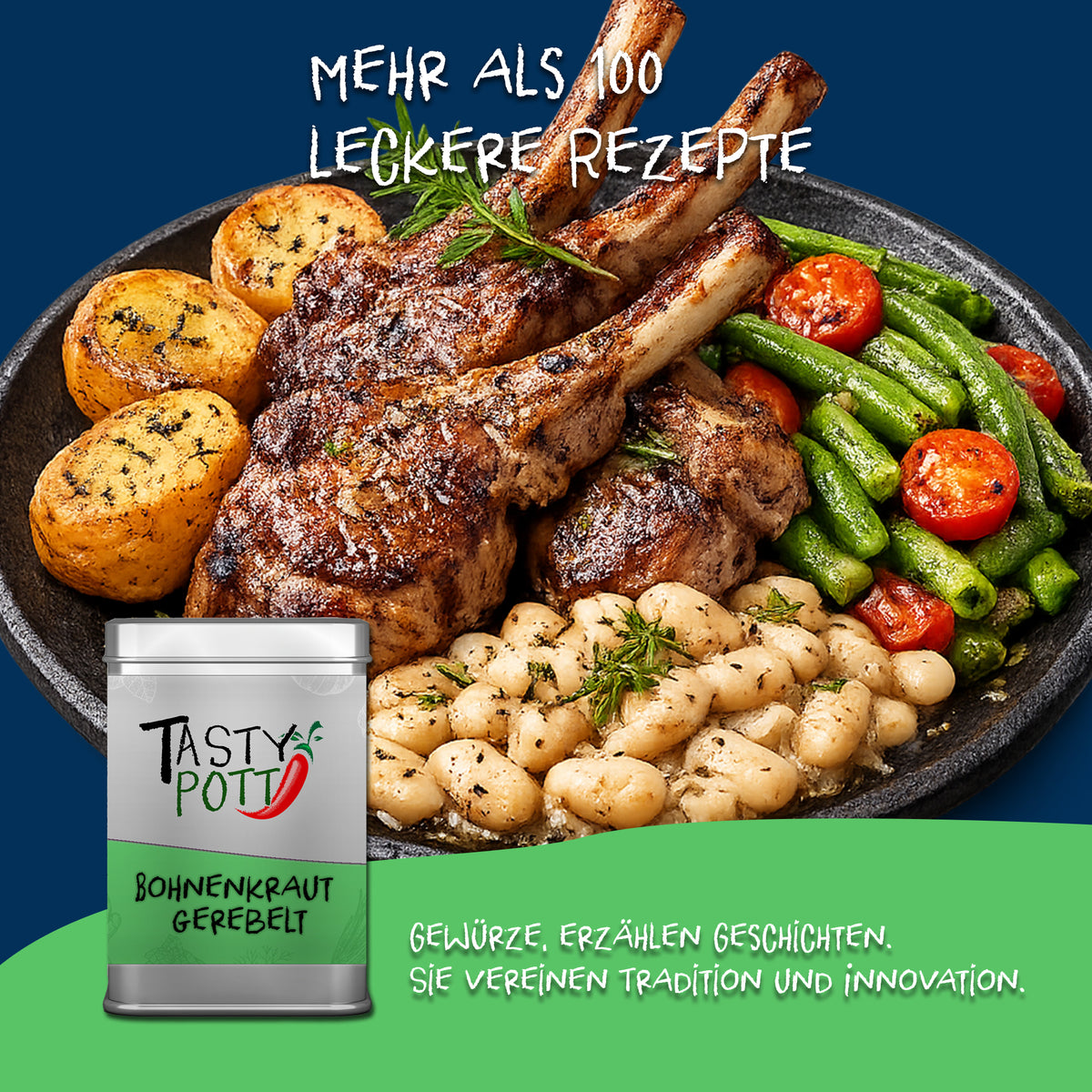 Tasty Pott Bohnenkraut gerebelt Dose vor einem Teller mit Lammkoteletts, Bohnen, Tomaten, Kartoffeln und weißen Bohnen, dazu Schriftzug mit Rezept-Hinweis.