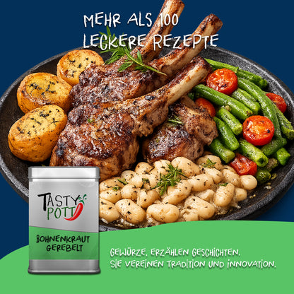 Tasty Pott Bohnenkraut gerebelt Dose vor einem Teller mit Lammkoteletts, Bohnen, Tomaten, Kartoffeln und weißen Bohnen, dazu Schriftzug mit Rezept-Hinweis.