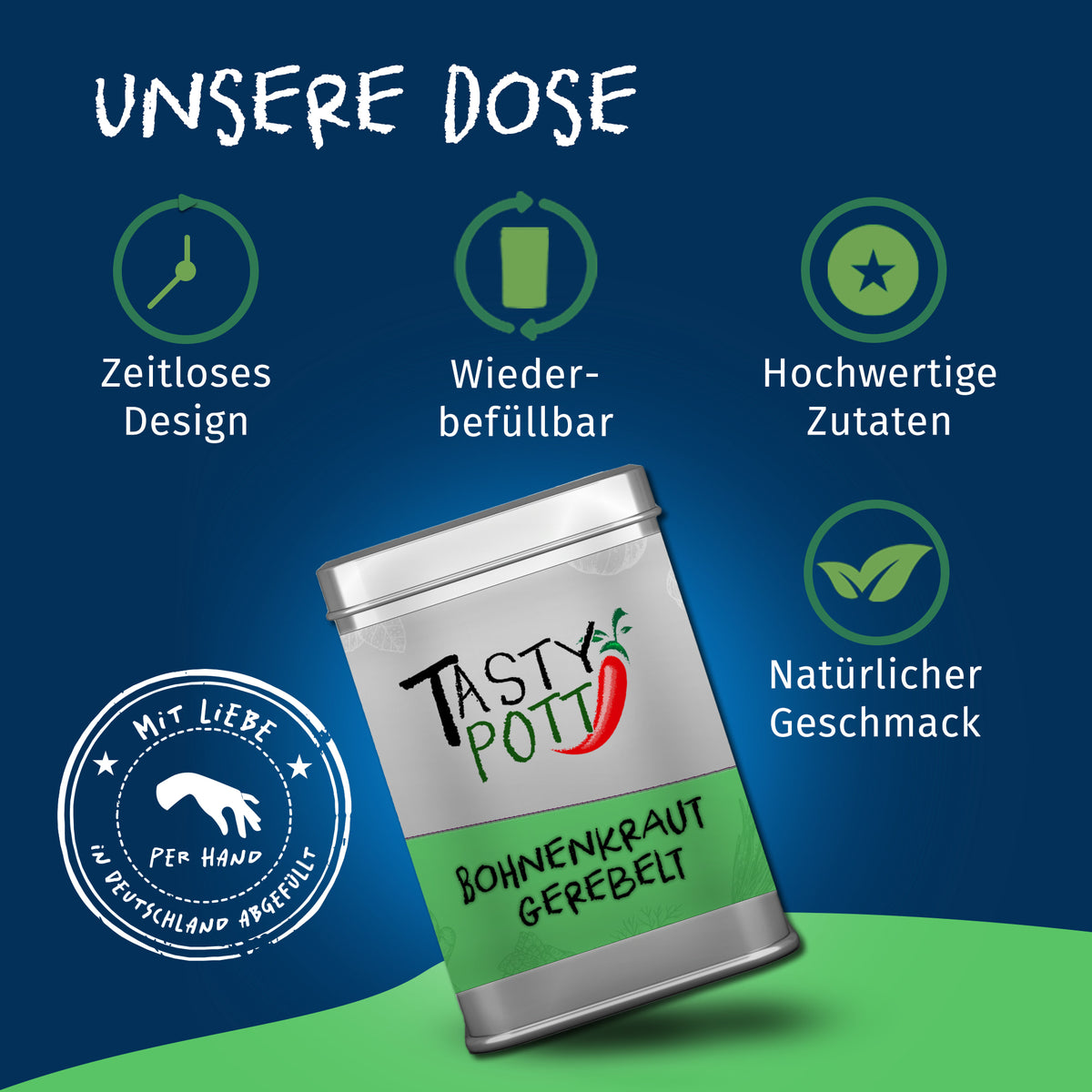 Silberne Tasty Pott Dose Bohnenkraut gerebelt auf grün-blauem Hintergrund, umgeben von Icons für zeitloses Design, Wiederbefüllbarkeit und natürliche Zutaten.