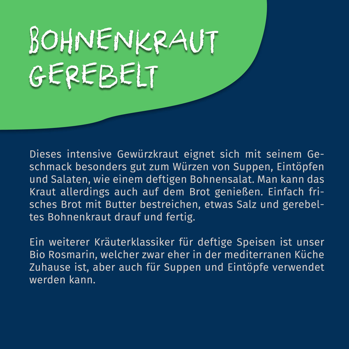 Texttafel mit Beschreibung zur Verwendung von Bohnenkraut getrocknet & gerebelt von Tasty Pott auf blau-grünem Hintergrund.
