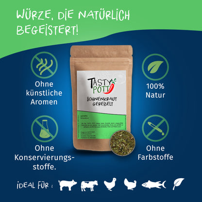 Tasty Pott Bohnenkraut gerebelt im braunen Standbeutel mit Sichtfenster, umgeben von Icons zu natürlichen Einzelgewürzen.