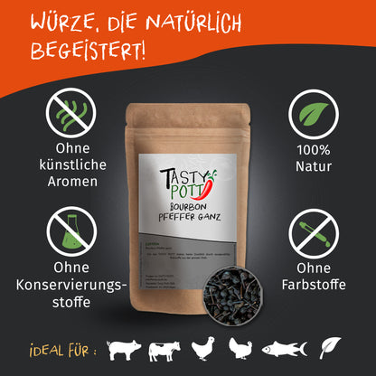 Tasty Pott Bourbon Pfeffer schwarz ganz im braunen Nachfüllbeutel, umgeben von Symbolen für natürliche Zutaten und ohne Zusatzstoffe auf dunklem Hintergrund.