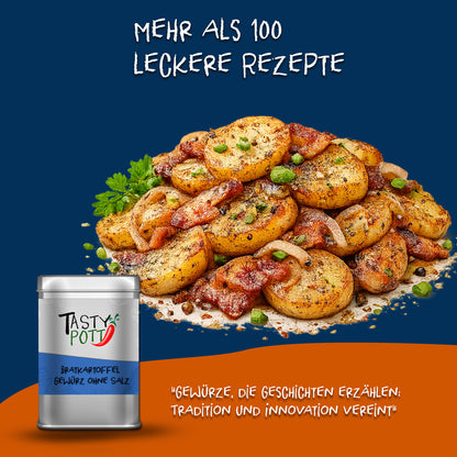 Bratkartoffeln mit Kräutern und Zwiebeln angerichtet, vorne die Tasty Pott Bratkartoffelgewürz ohne Salz Dose, blauer Hintergrund.