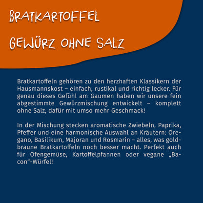 Texttafel mit Beschreibung zur Tasty Pott Bratkartoffelgewürzmischung ohne Salz, aufgeteilt in orange und blau.