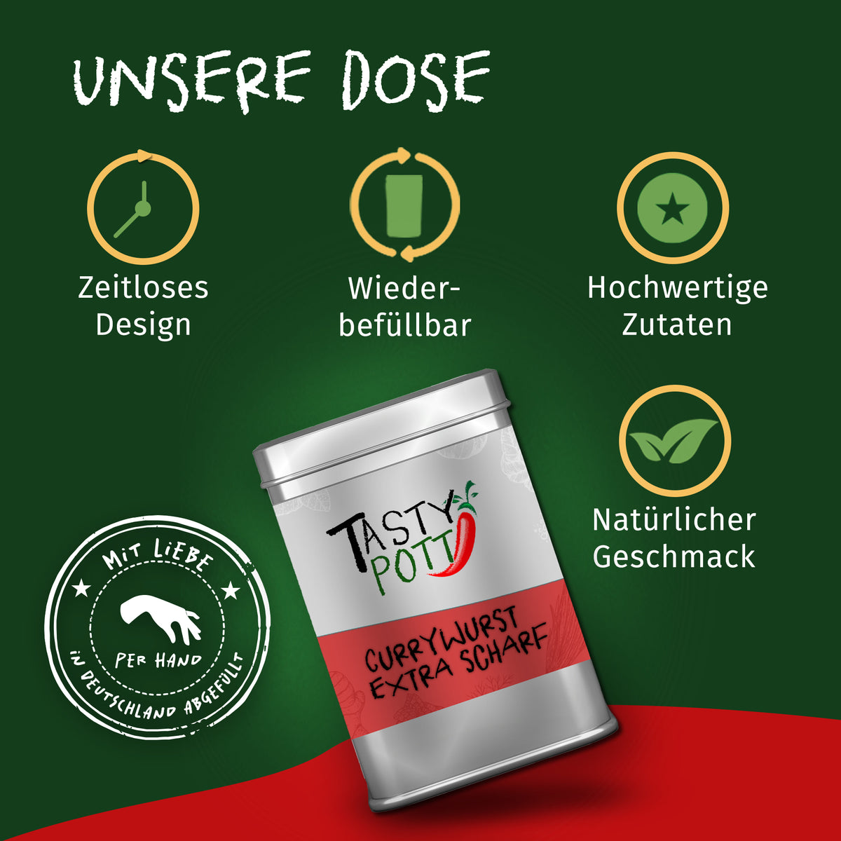 Silberne Dose Tasty Pott Currywurst Gewürzmischung extra scharf auf grünem Hintergrund mit Icons für Design, Wiederbefüllbarkeit und hochwertige Gewürze.