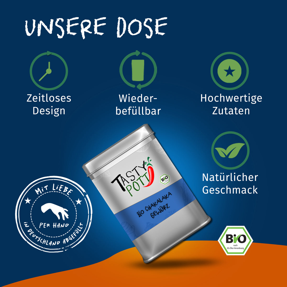 Tasty Pott Bio Chakalaka Gewürzmischung in silberner 100g Dose, schräg liegend vor blauem Hintergrund mit Icons zu Design und Qualität.
