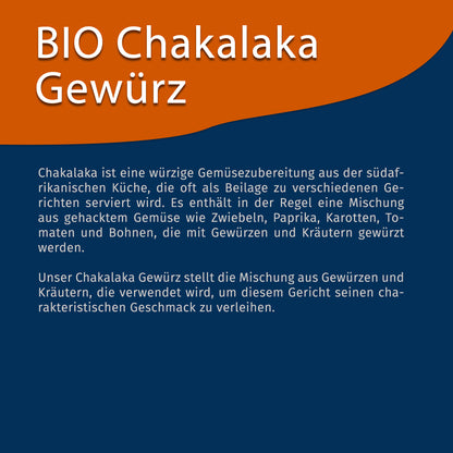 Infografik mit Beschreibung zur Herkunft und Verwendung von chakalaka gewürz, weißer Text auf blau-orangefarbenem Hintergrund.